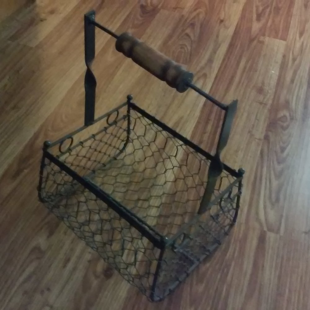Wire Basket Black With Wood Handle Used 12"x9"x8"